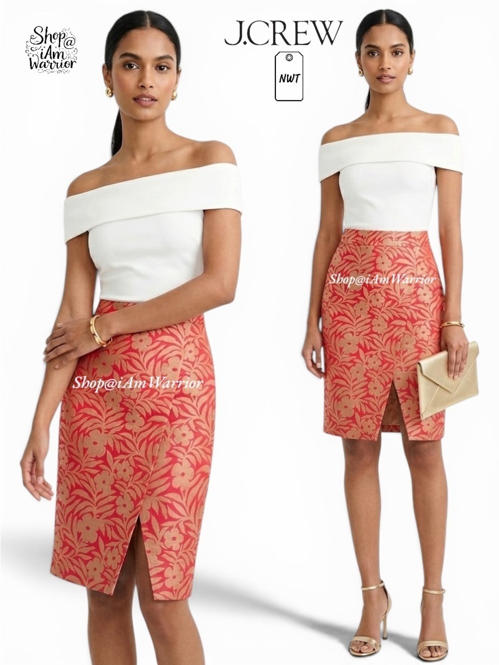 J.Crew NWT coral floral jacquard faux wrap skirt *shop@iamwarrior